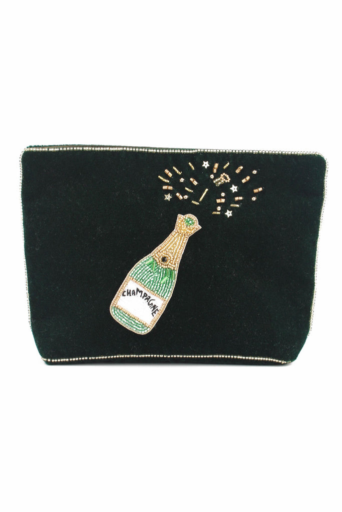 Green Velvet Champagne Beaded Medium Pouch