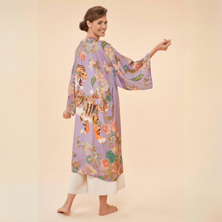 Powder Lilac Prancing Tiger Kimono Gown