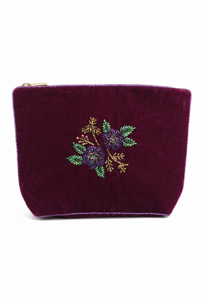 Purple Velvet Floral Beaded Medium Pouch