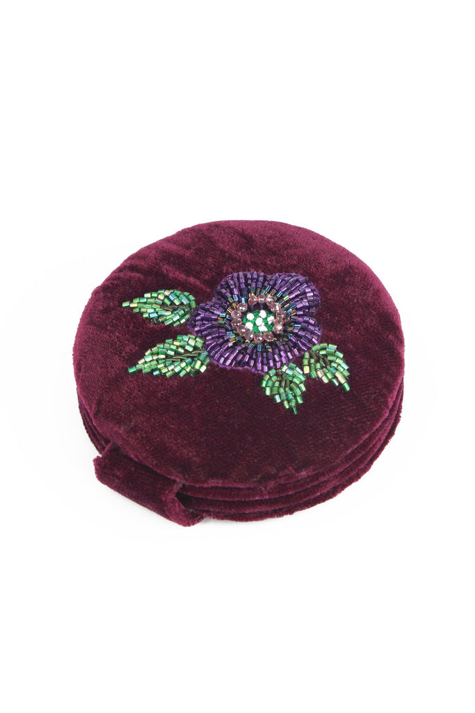 Purple Velvet Floral Beaded Compact Mirror