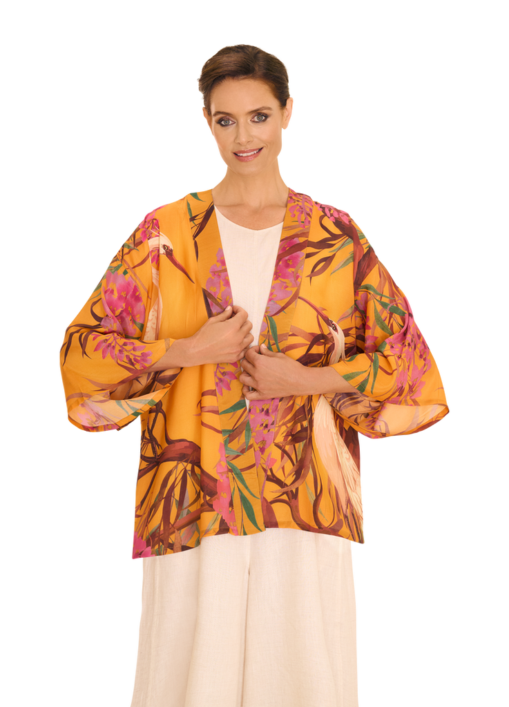 Powder Mustard Oriental Crane Kimono Jacket
