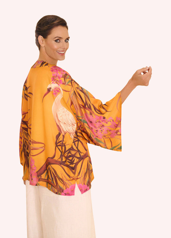 Powder Mustard Oriental Crane Kimono Jacket
