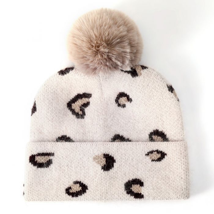 Ivory Leopard Print Faux Fur Pom Pom Hat