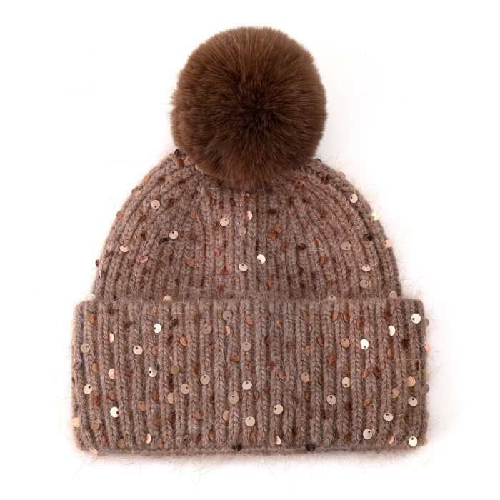 Brown Sequin Faux Fur Pom Pom Hat