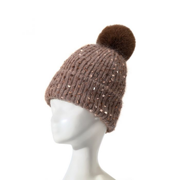 Brown Sequin Faux Fur Pom Pom Hat