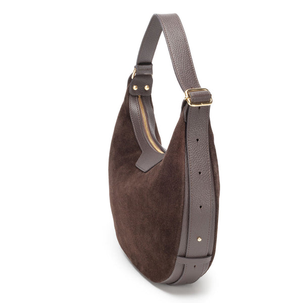 Chocolate Suede & Leather Crescent Handbag