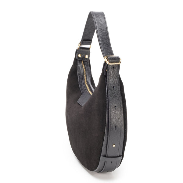 Black Suede & Leather Crescent Handbag