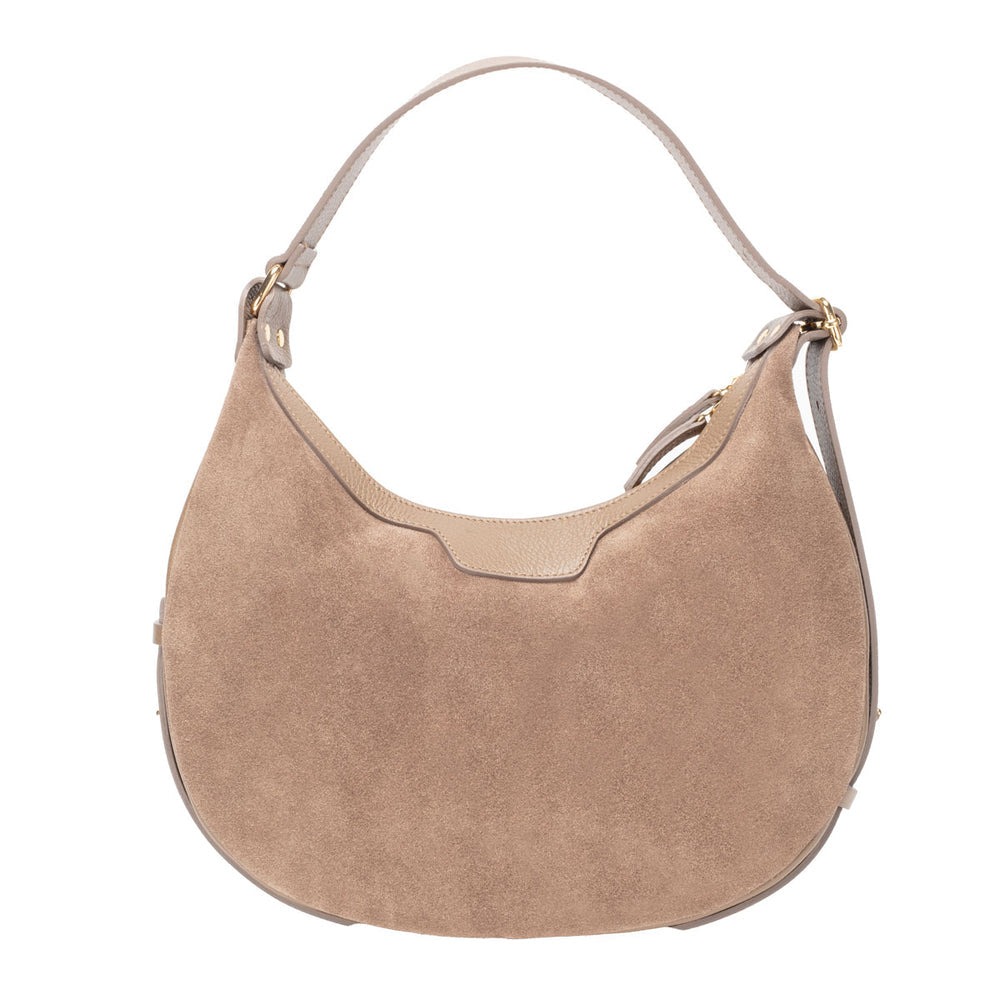 Taupe Suede & Leather Crescent Handbag