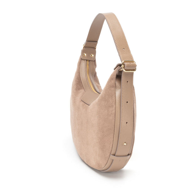 Taupe Suede & Leather Crescent Handbag