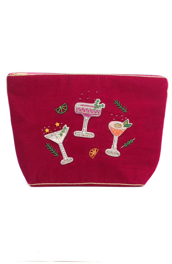Pink Velvet Cocktail Trio Beaded Large Pouch