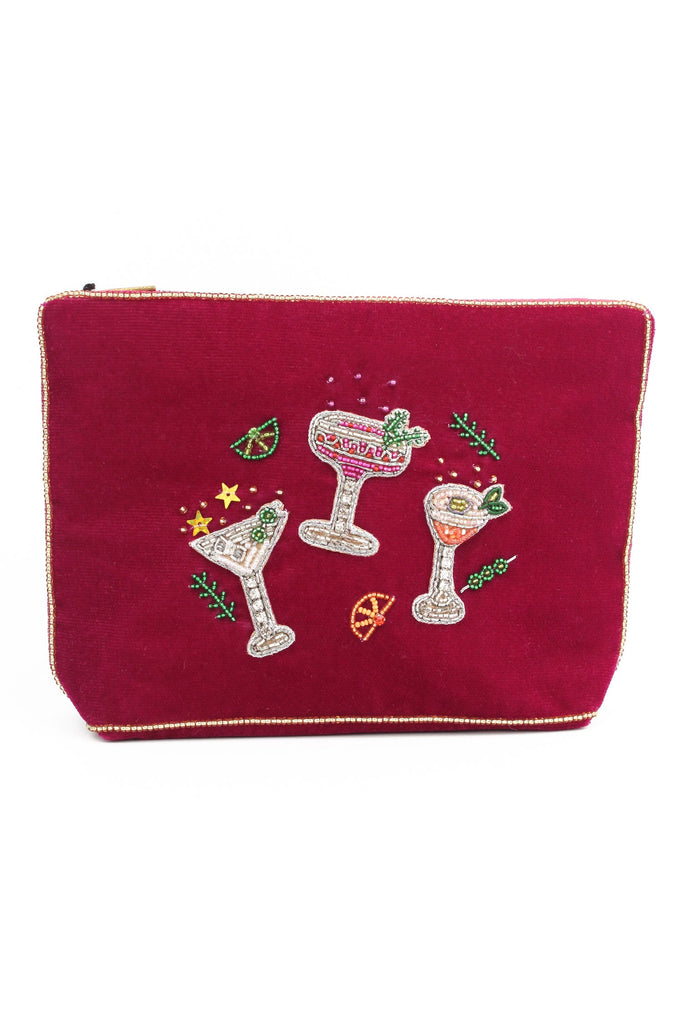 Pink Velvet Cocktail Trio Beaded Medium Pouch