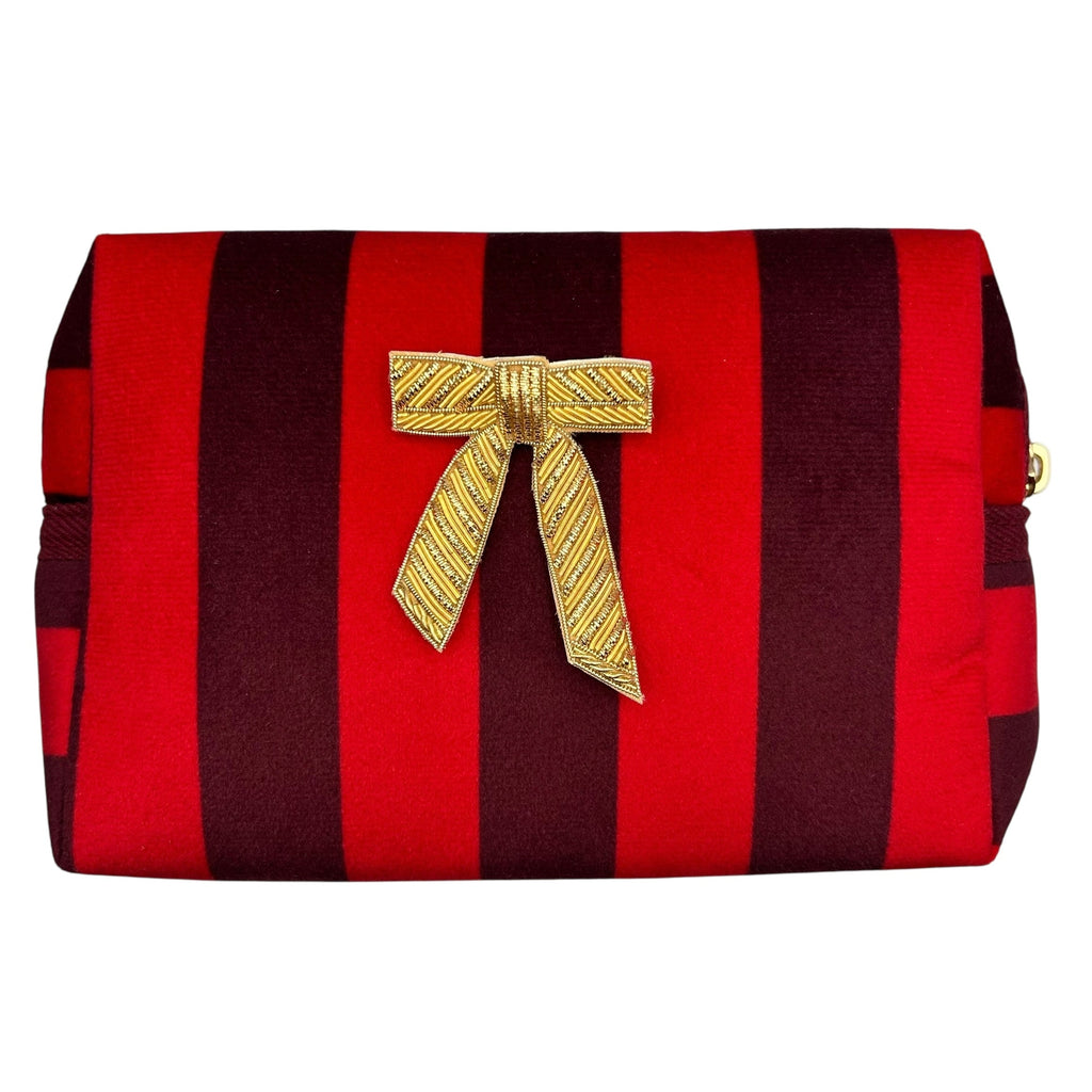 Red Striped Makeup Bag With Gold Bow Pin