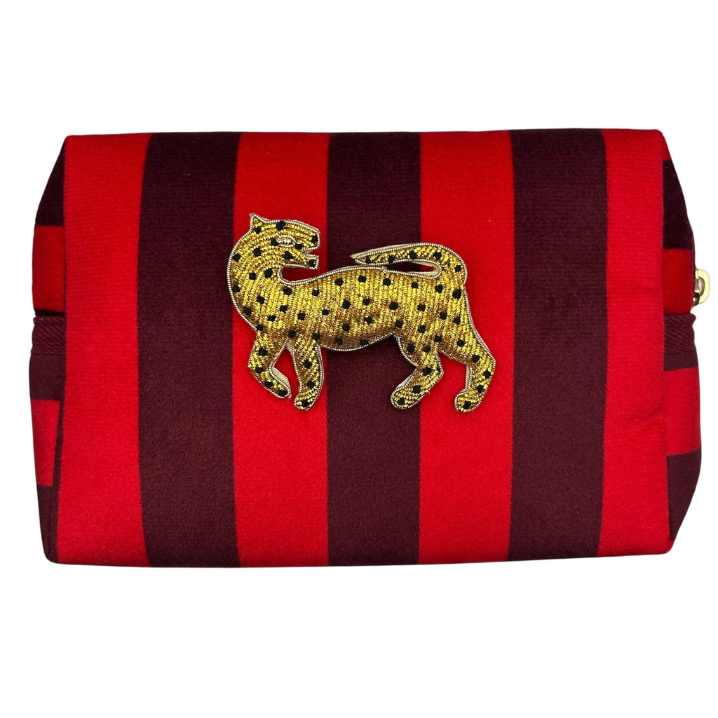 Red Striped Makeup Bag With Gold Leopard Pin