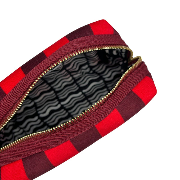 Red Striped Makeup Bag With Gold Leopard Pin
