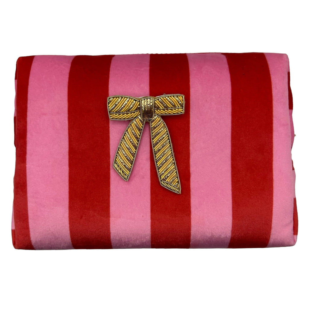 Pink Striped Makeup Bag With Gold Bow Pin