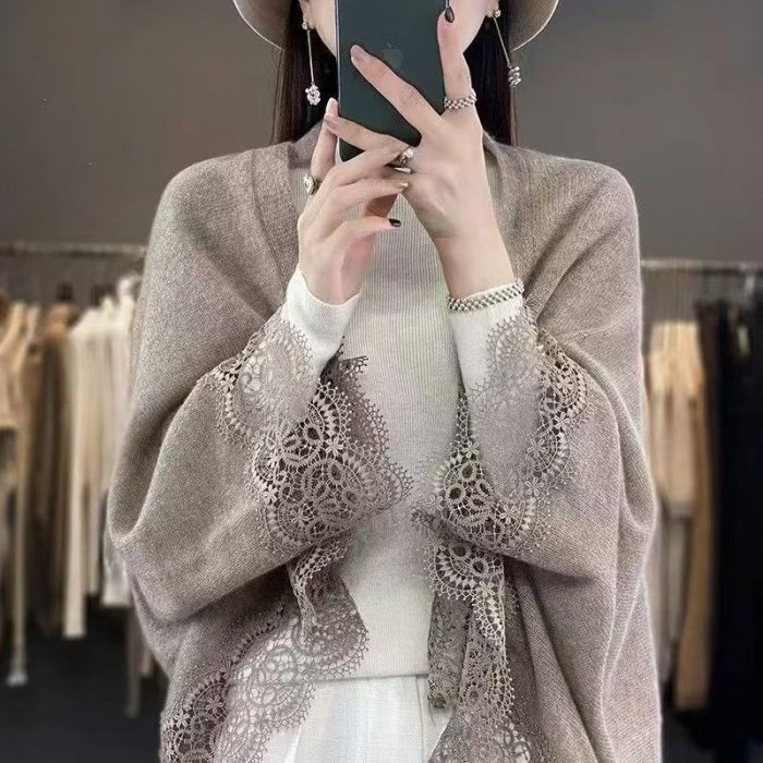 Taupe Lace Trim Cape Wrap