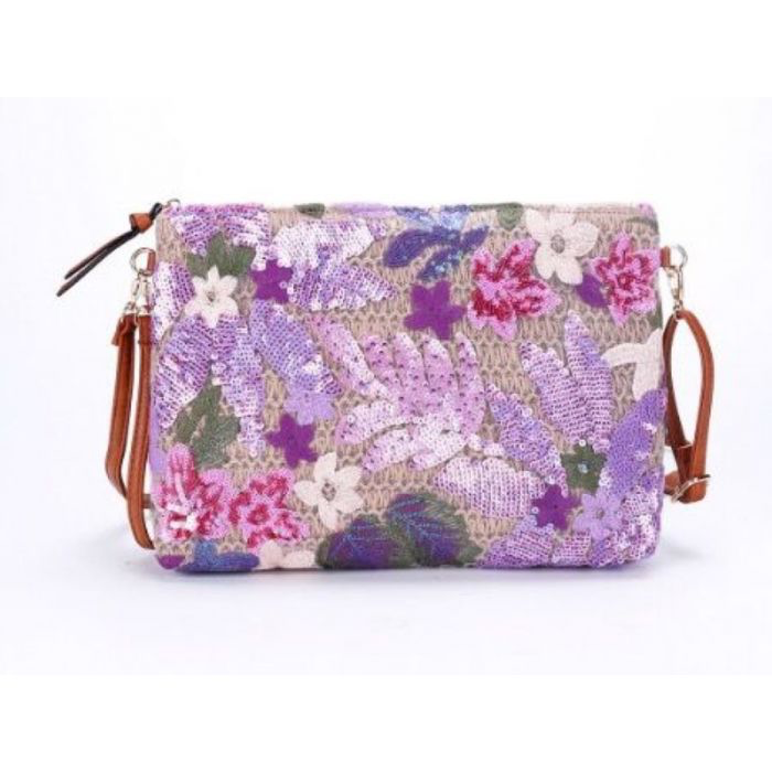 Lilac Sequin Embellished Straw Handbag