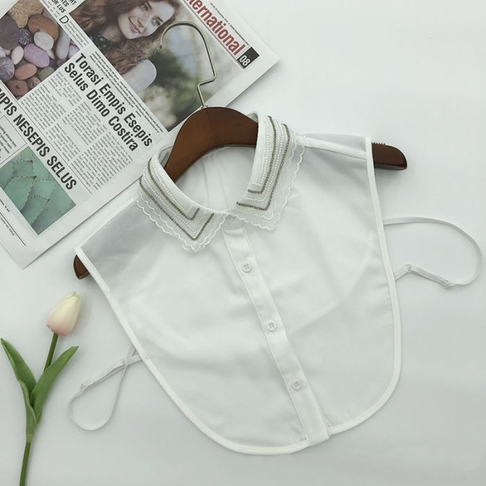 White Frill & Diamante Trim Shirt Collar