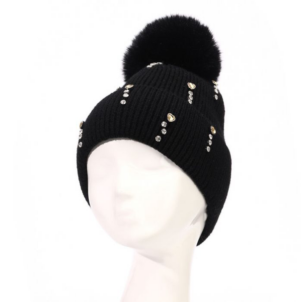 Black Heart Embellished Faux Fur Pom Pom Hat