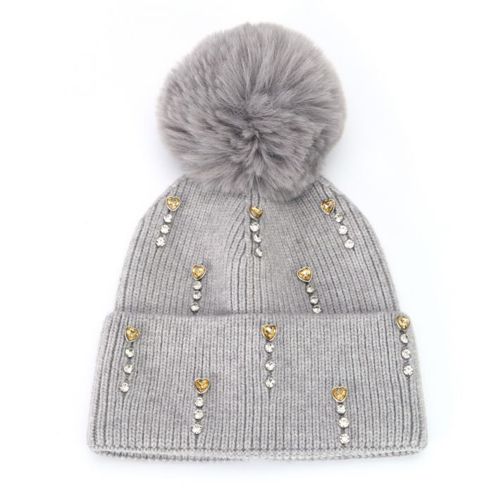 Grey Heart Embellished Faux Fur Pom Pom Hat