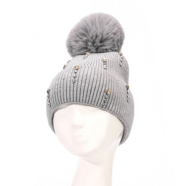 Grey Heart Embellished Faux Fur Pom Pom Hat