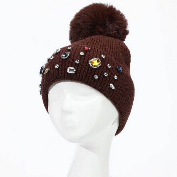 Chocolate Embellished Faux Fur Pom Pom Hat