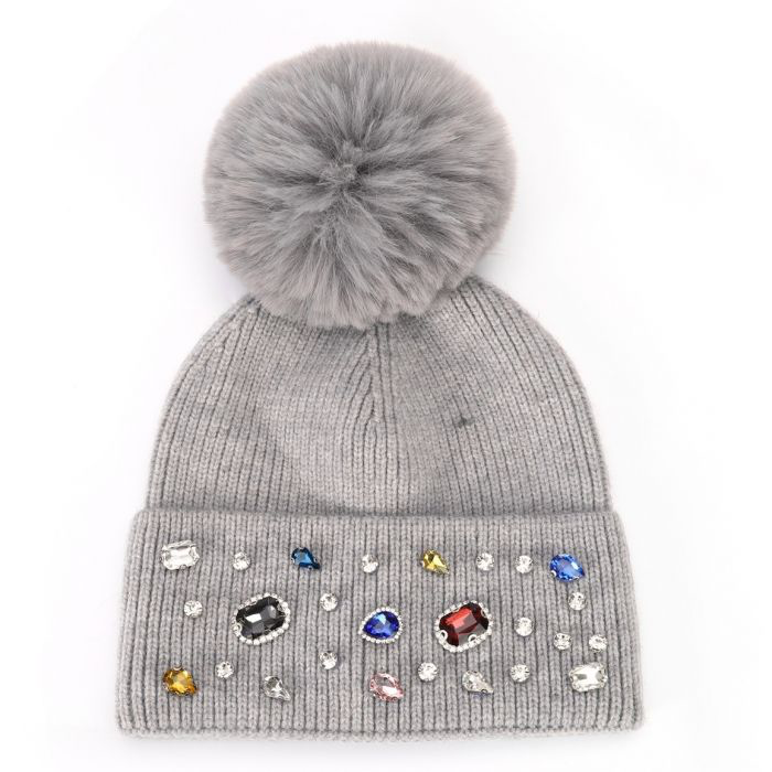 Grey Embellished Faux Fur Pom Pom Hat