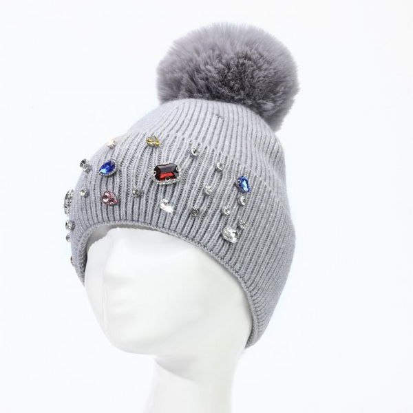 Grey Embellished Faux Fur Pom Pom Hat