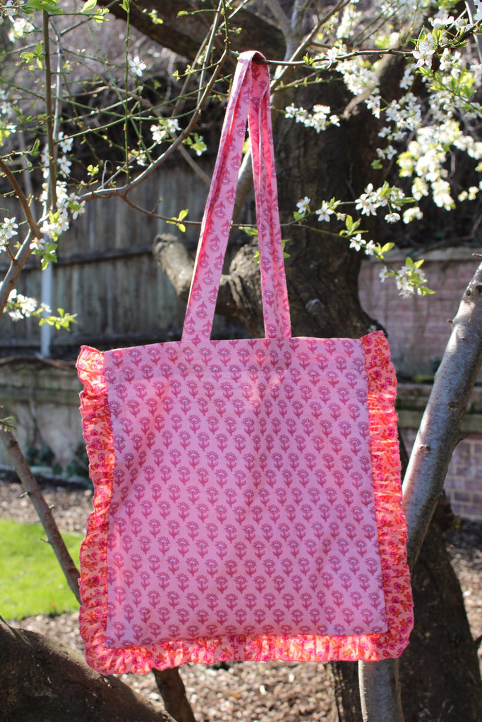 Pink Frill Floral Cotton Tote Bag