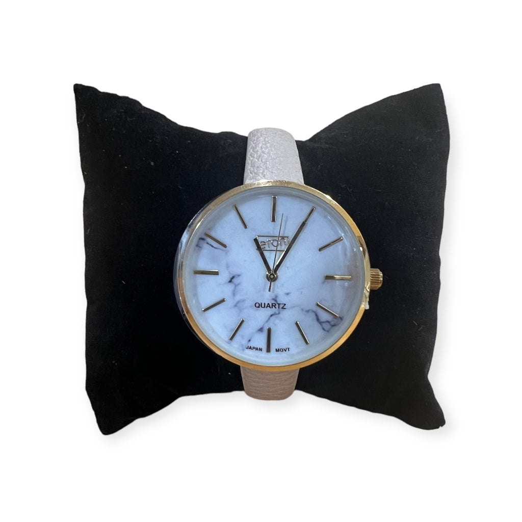 Gold Marble Face Watch With Beige Strap