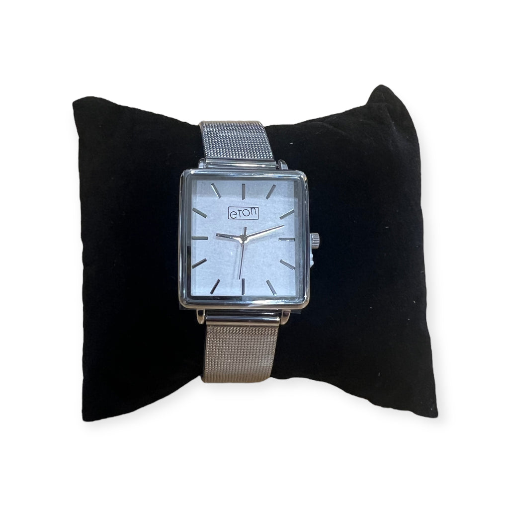 Silver Mesh Strap Watch With Square Face