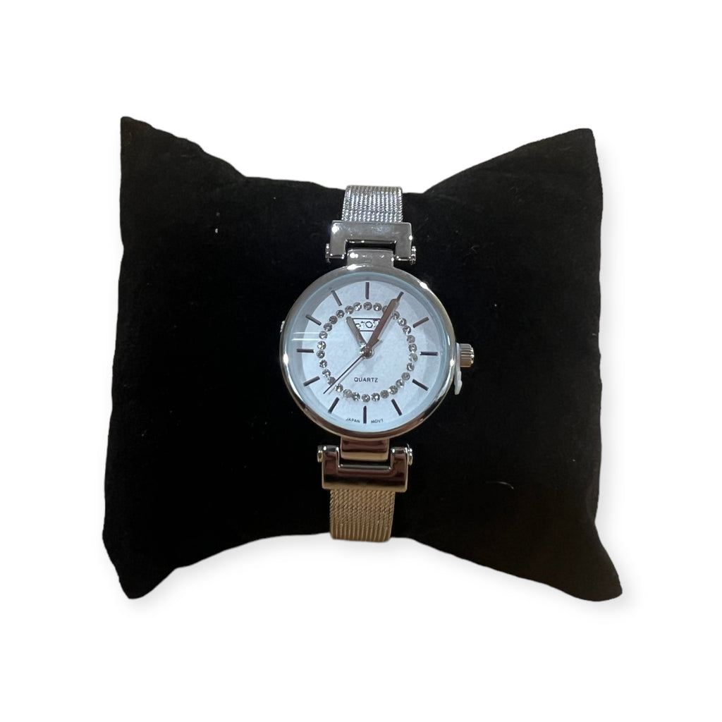 Silver Mesh Strap Watch With Diamante Face