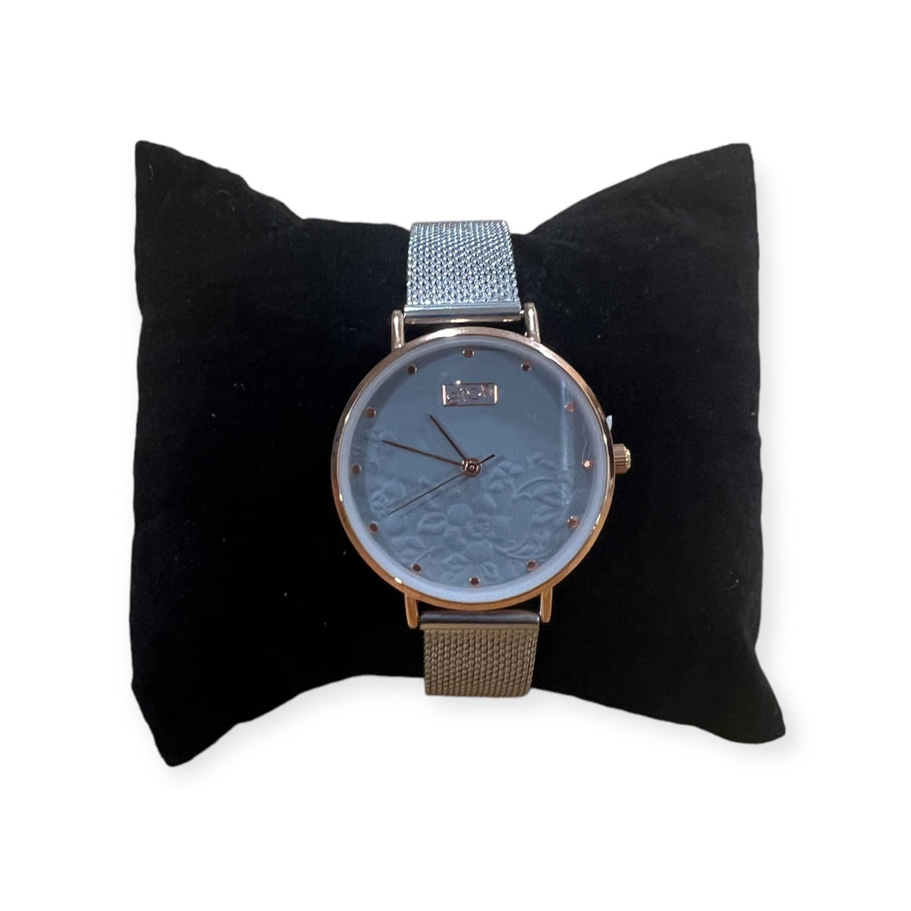 Silver Mesh Strap Watch With Embossed Face