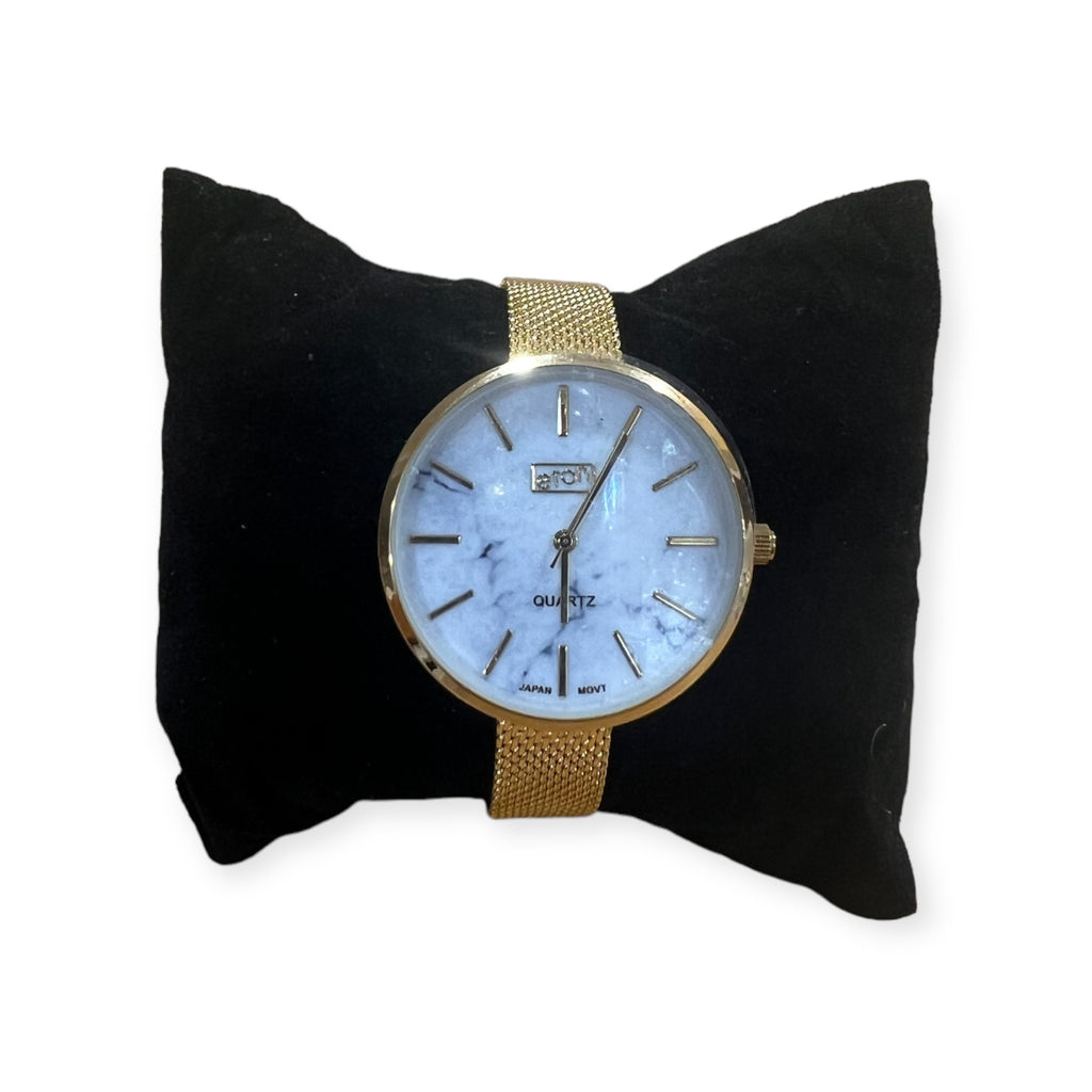Gold Mesh Strap Watch With Marble Face