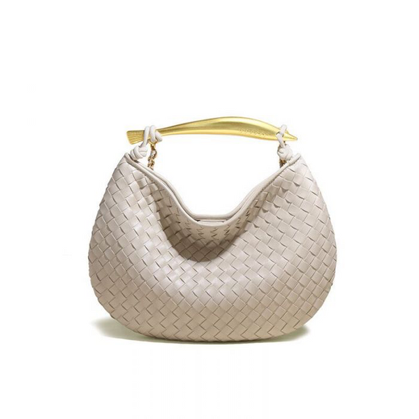 Beige Weave Handbag With Statement Gold Handle