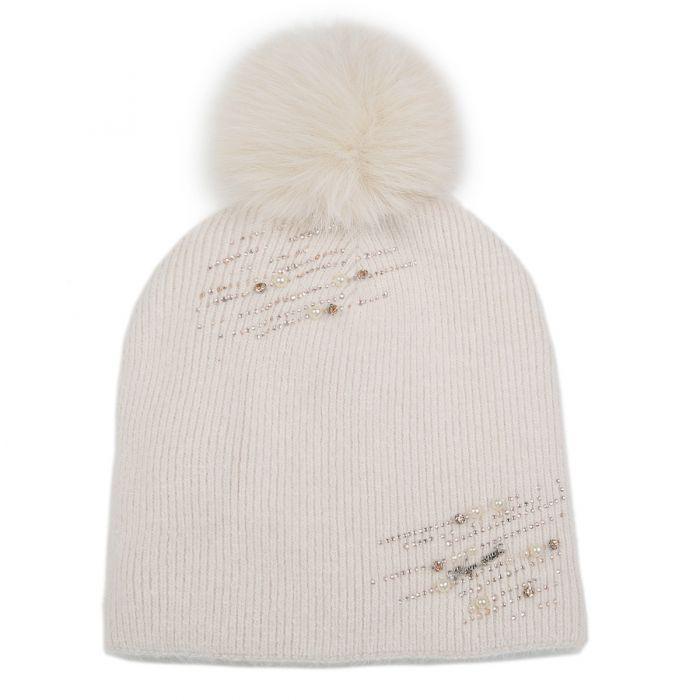 Cream Embellished Faux Fur Pom Pom Hat