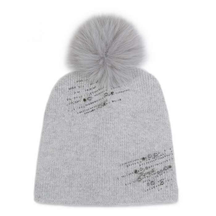 Grey Embellished Faux Fur Pom Pom Hat