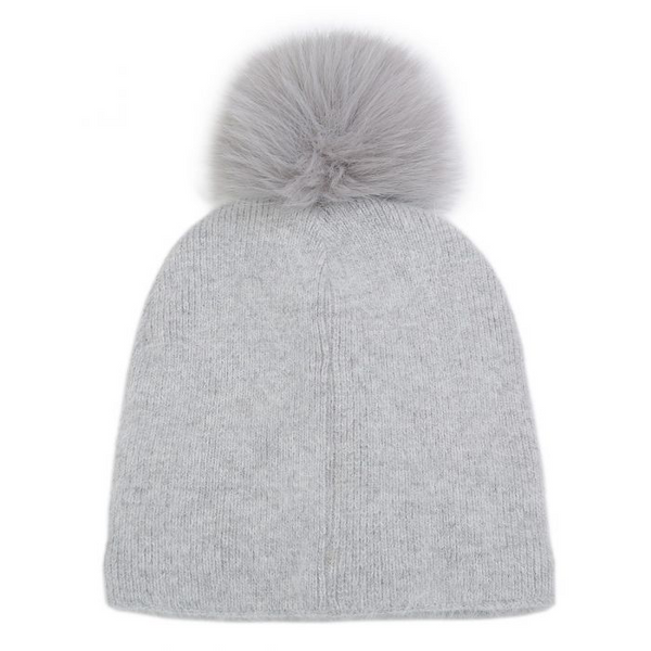 Grey Embellished Faux Fur Pom Pom Hat