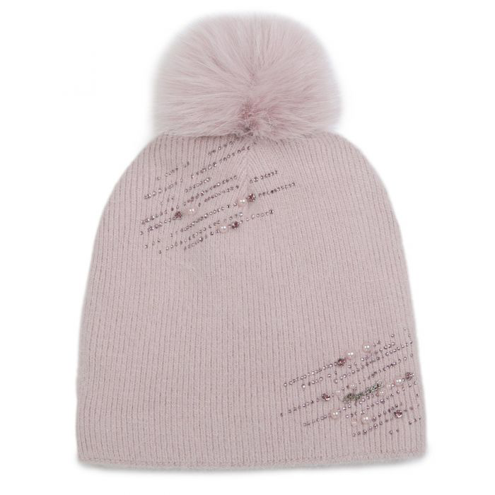 Dusky Pink Embellished Faux Fur Pom Pom Hat