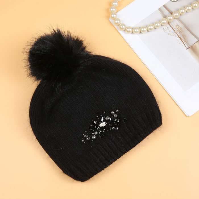 Black Embellished Faux Fur Pom Pom Hat