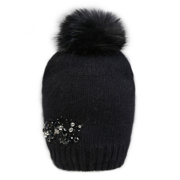 Black Embellished Faux Fur Pom Pom Hat