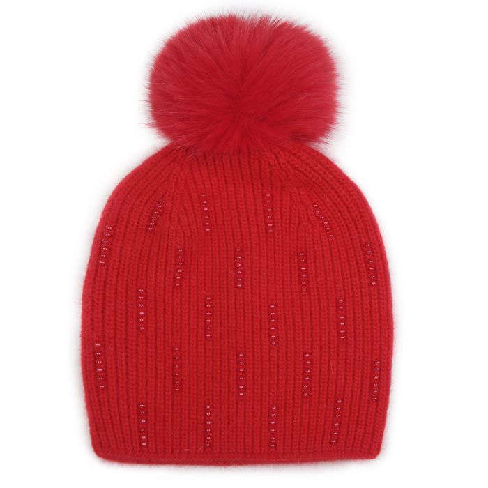 Red Pearl Beaded Faux Fur Pom Pom Hat