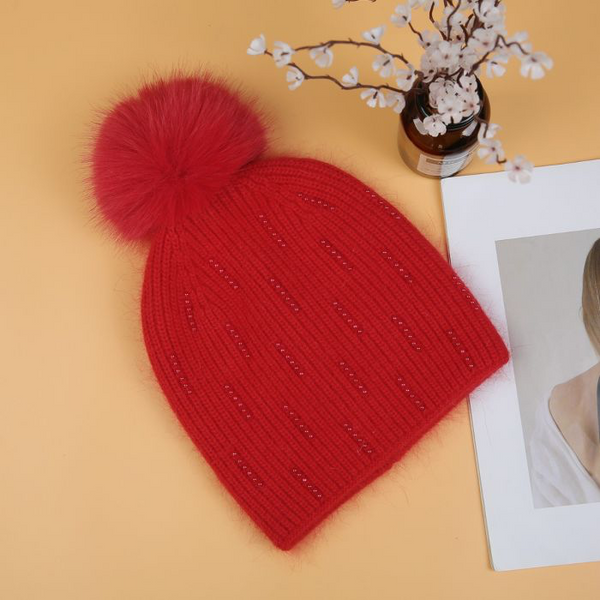 Red Pearl Beaded Faux Fur Pom Pom Hat