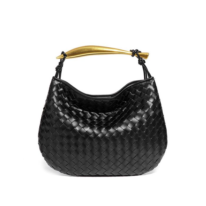 Black Weave Handbag With Statement Gold Handle