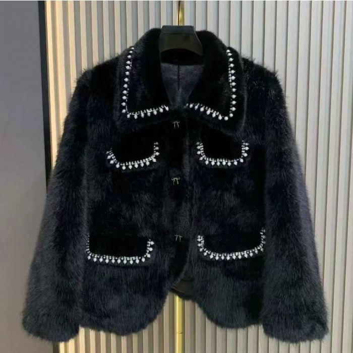 Black & Pearl Embellished Faux Fur Coat