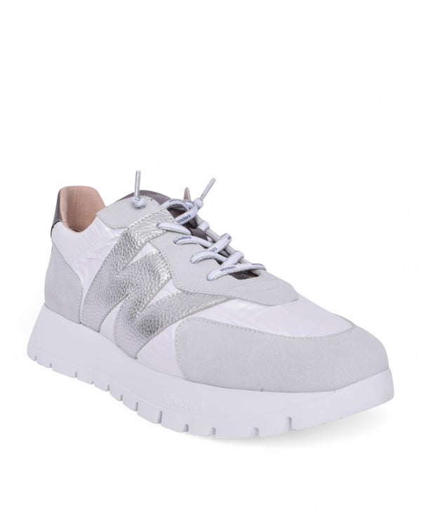 Wonders White & Metallic Silver Leather & Suede Trainers