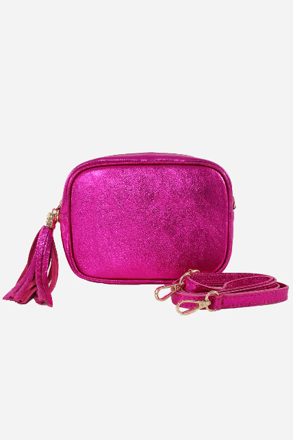 Metallic Raspberry Leather Crossbody Handbag