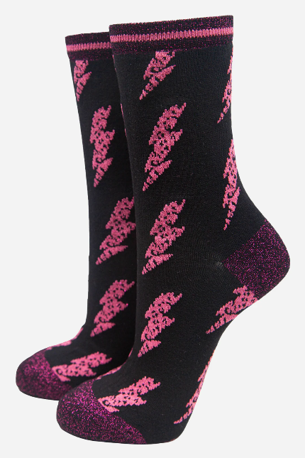 Black & Pink Lightening Bolt Shimmer Socks