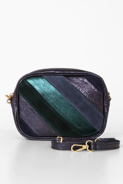 Blue Metallic Stripe Leather Crossbody Handbag