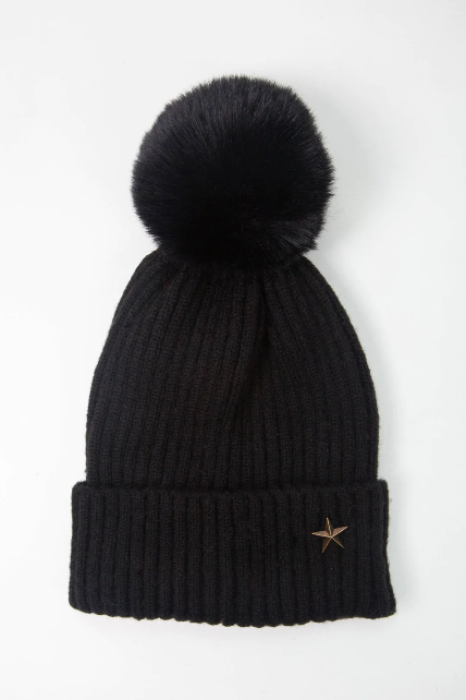 Black Pom Pom Hat With Gold Star